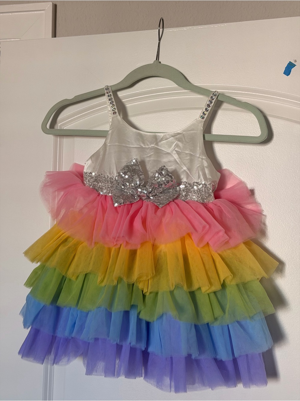 Lola + The Boys White Rainbow Tulle Dress with Silver Sequin Bow